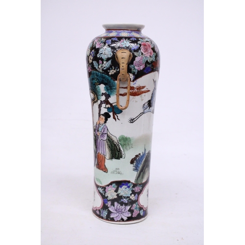 410 - A LARGE POLYCHROME ENAMEL HAND PAINTED CHINESE VASE WITH ELEPHANT HANDLE