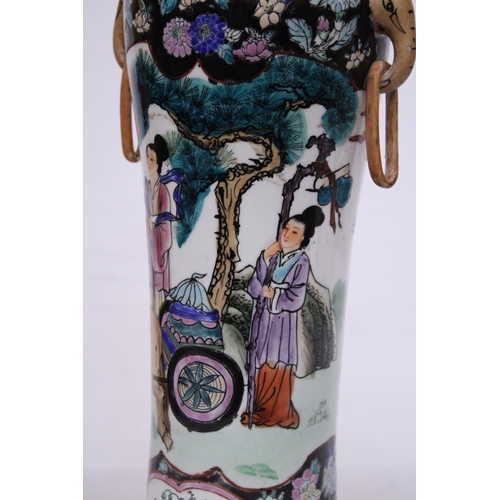 410 - A LARGE POLYCHROME ENAMEL HAND PAINTED CHINESE VASE WITH ELEPHANT HANDLE