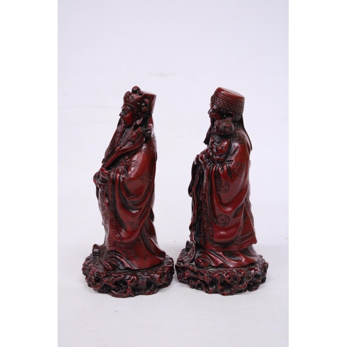 412 - TWO HEAVY RED RESIN MANDARIN FIGURES 9 INCH (H)