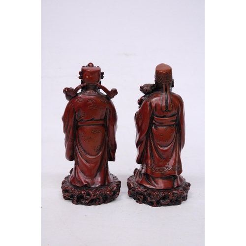 412 - TWO HEAVY RED RESIN MANDARIN FIGURES 9 INCH (H)