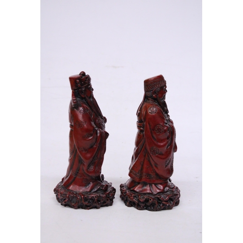 412 - TWO HEAVY RED RESIN MANDARIN FIGURES 9 INCH (H)