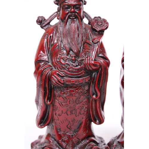 412 - TWO HEAVY RED RESIN MANDARIN FIGURES 9 INCH (H)