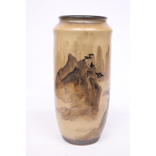 419 - A JAPANESE STONEWARE VASE WITH AN ORIENTAL LANDSCAPE SCENE WITH SIGNATURE - 29 CM