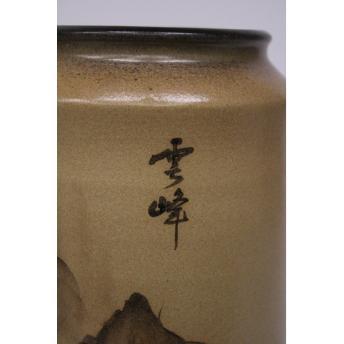 419 - A JAPANESE STONEWARE VASE WITH AN ORIENTAL LANDSCAPE SCENE WITH SIGNATURE - 29 CM