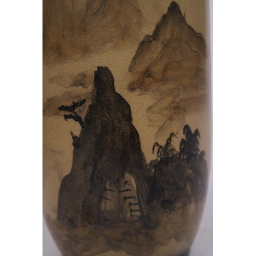 419 - A JAPANESE STONEWARE VASE WITH AN ORIENTAL LANDSCAPE SCENE WITH SIGNATURE - 29 CM