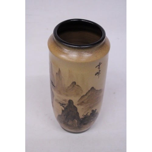 419 - A JAPANESE STONEWARE VASE WITH AN ORIENTAL LANDSCAPE SCENE WITH SIGNATURE - 29 CM