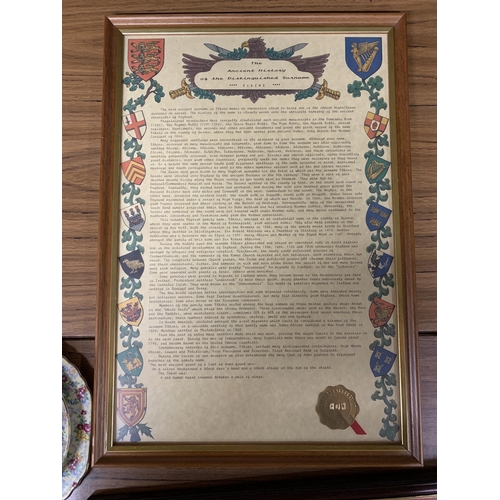 1289 - TWO FRAMED FAMILY HISTORY DOCUMENTS FOR THE NAME 'ELKINS' PLUS A SET OF FOUR HERALDRY STAMPS