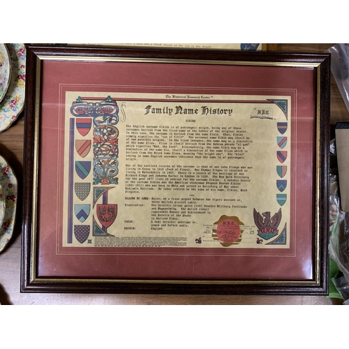 1289 - TWO FRAMED FAMILY HISTORY DOCUMENTS FOR THE NAME 'ELKINS' PLUS A SET OF FOUR HERALDRY STAMPS