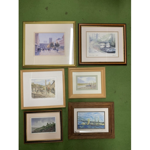 1290 - SIX FRAMED WATERCOLOURS AND PRINTS TO INCLUDE HEBDEN BRIDGE, BOATS, COUNTRY SCENES, ETC