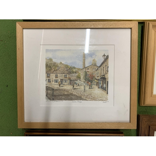 1290 - SIX FRAMED WATERCOLOURS AND PRINTS TO INCLUDE HEBDEN BRIDGE, BOATS, COUNTRY SCENES, ETC