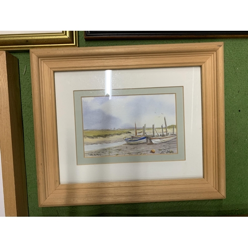 1290 - SIX FRAMED WATERCOLOURS AND PRINTS TO INCLUDE HEBDEN BRIDGE, BOATS, COUNTRY SCENES, ETC