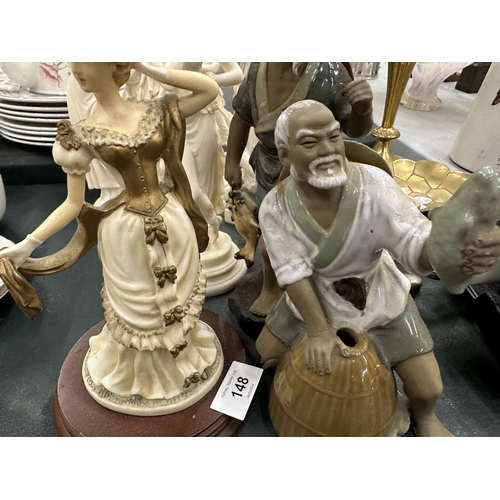 148 - A COLLECTION OF EIGHT FIGURES TO INCLUDE GREEK STYLE ALABASTER AND MUD MEN