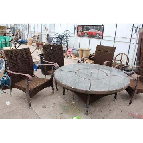 1707 - A GARDEN FURNITURE SET COMPRISING OF FOUR RATTAN CHAIRS AND A GRANITE TOP TABLE WITH FIRE PIT CENTRE