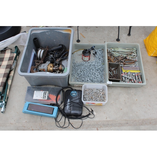 1798 - AN ASSORTMENT OF TOOLS AND HARDWARE TO INCLUDE NAILS, A DRILL AND A PULLEY HOOK ETC