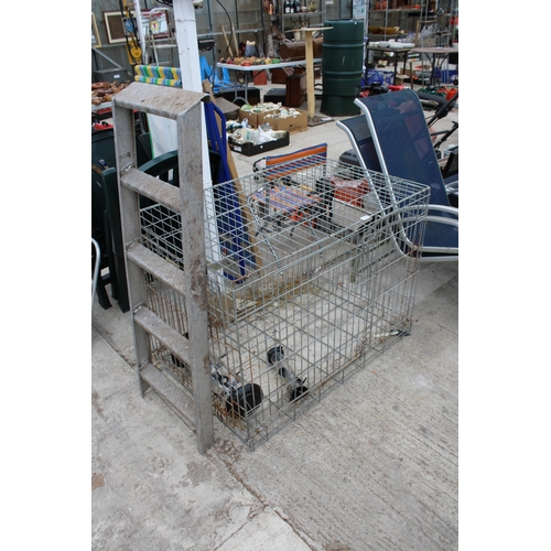 1985 - A METAL DOG CRATEW, A LADDER AND TWO BIRD FEEDERS