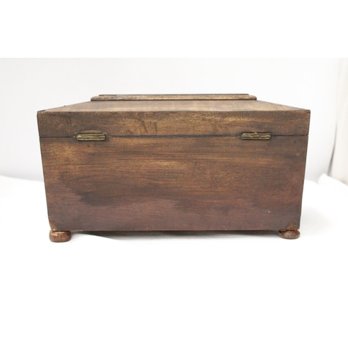 281 - AN EARLY VICTORIAN, MAHOGANY, SARCOPHAGUS, TEA CADDY