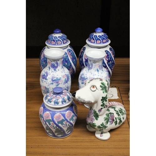 1281 - A QUANTITY OF LARGE CERAMICS TO INCLUDE LIDDED POTS, VASES, A GINGER JAR AND FLORAL DOG