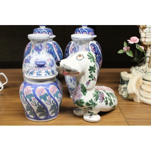 1281 - A QUANTITY OF LARGE CERAMICS TO INCLUDE LIDDED POTS, VASES, A GINGER JAR AND FLORAL DOG