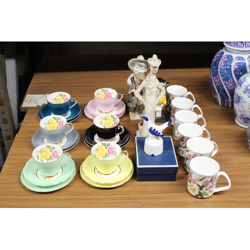 1282 - SIX IMPERIAL BONE CHINA TRIOS, SIX CHINA MUGS PLUS FIGURINES AND A BOXED ROYAL WORCESTER PIE FUNNEL