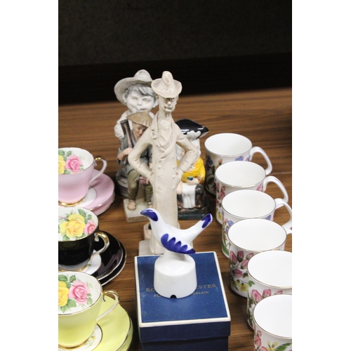 1282 - SIX IMPERIAL BONE CHINA TRIOS, SIX CHINA MUGS PLUS FIGURINES AND A BOXED ROYAL WORCESTER PIE FUNNEL