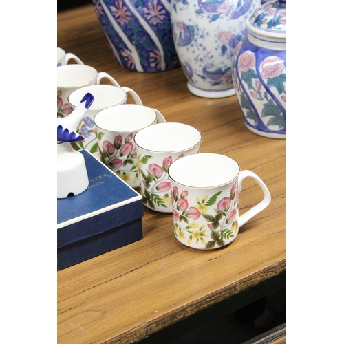 1282 - SIX IMPERIAL BONE CHINA TRIOS, SIX CHINA MUGS PLUS FIGURINES AND A BOXED ROYAL WORCESTER PIE FUNNEL