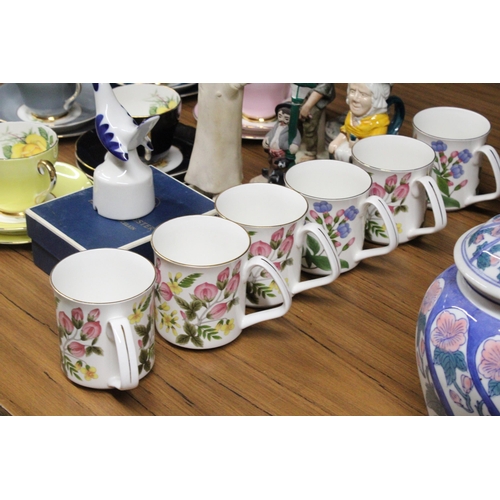 1282 - SIX IMPERIAL BONE CHINA TRIOS, SIX CHINA MUGS PLUS FIGURINES AND A BOXED ROYAL WORCESTER PIE FUNNEL