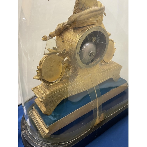 48 - A VINTAGE FRENCH ORMOLU CLOCK WITH DECORATIVE ENAMEL FACE AND PANELS IN A GLASS DOME (A/F)