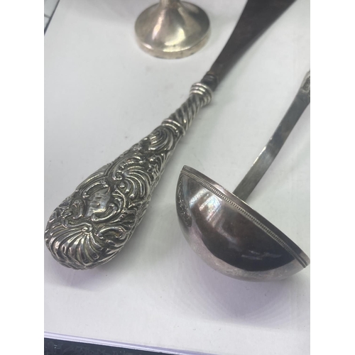 488 - FOUR POSSIBLY SILVER ITEMS TO INCLUDE A GOBLET, LADLE, PILL BOX AND SHOE HORN