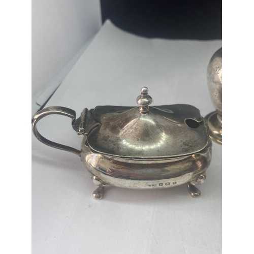 489 - TWO HALLMARKED SILVER POTS (ONE WITH BLUE GLASS LINER) AND A HALLMARKED LONDON PEPPER POT GROSS WEIG... 