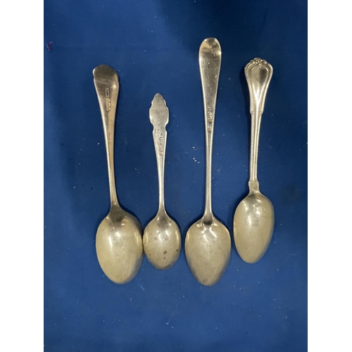 87 - FOUR HALLMARKED SILVER SPOONS TO INCLUDE ONE PRE 1820 LONDON, TWO SHEFFIELD AND A BIRMINGHAM WEIGHT ... 