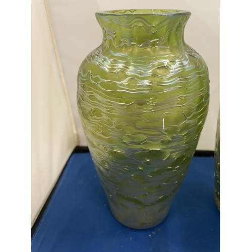 43 - A PAIR OF POSSIBLY LOETZ GREEN LUSTRE VASES APPROXIMATELY 23CM TALL