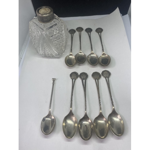 478 - A SET EIGHT HALLMARKED SHEFFIELD TEASPOONS, A FURTHER SPOON AND A CUT GLASS JAR WITH HALLMARKED BIRM... 