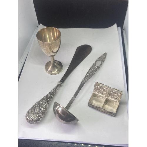 488 - FOUR POSSIBLY SILVER ITEMS TO INCLUDE A GOBLET, LADLE, PILL BOX AND SHOE HORN