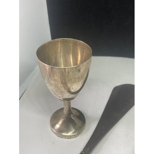 488 - FOUR POSSIBLY SILVER ITEMS TO INCLUDE A GOBLET, LADLE, PILL BOX AND SHOE HORN