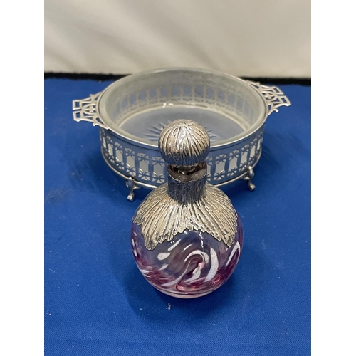 91 - A PINK GLASS SCENT BOTTLE WITH HALLMARKED SILVER COLLAR AND STOPPER AND A HALLMARKED BIRMINGHAM SILV... 