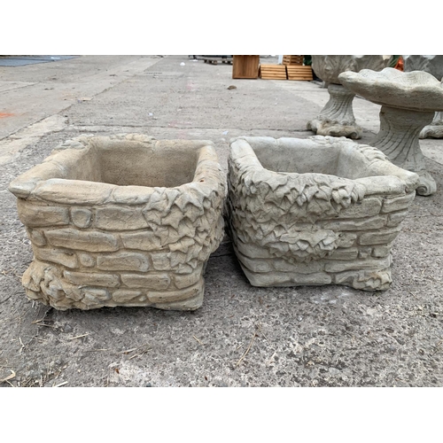 211 - TWO DECORATIVE CONCRETE SQUARE PLANTERS NO VAT