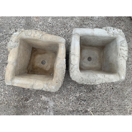 211 - TWO DECORATIVE CONCRETE SQUARE PLANTERS NO VAT