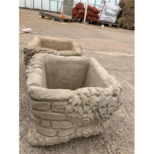 211 - TWO DECORATIVE CONCRETE SQUARE PLANTERS NO VAT