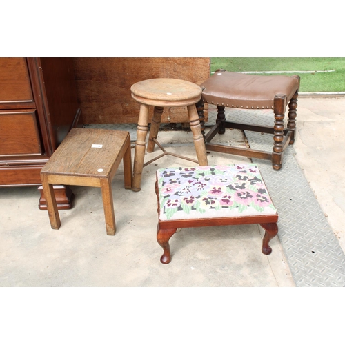 3134 - AN OAK BOBBIN TURNED STOOL, ELM VICTORIAN STOOL AND TWO OTHER STOOLS