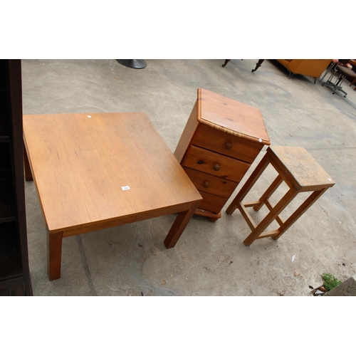 3145 - A MODERN LAMP TABLE, PINE BEDSIDE CHEST AND BEECH STOOL