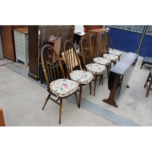 3155 - A SET OF SIX ERCOL WINDSOR STYLE DINING CHAIRS AND OVAL GATE-LEG DINING TABLE - 54