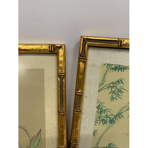 373 - TWO JAPENESE WATERCOLOURS ON SILK IN BAMBOO FRAMES - 13.5 CM X 25 CM