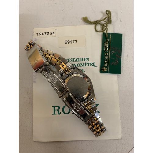 465 - A LADIES' BI-METAL ROLEX DATEJUST WRISTWATCH WITH TAGS AND CARD