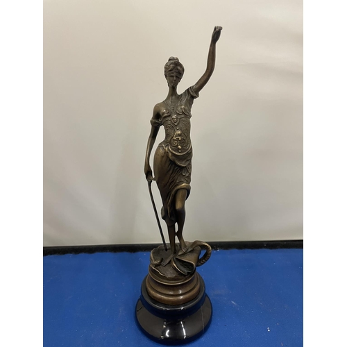 17 - A BRONZE FIGURE BLIND JUSTICE ON A MARBLE BASE SIGNED MATER