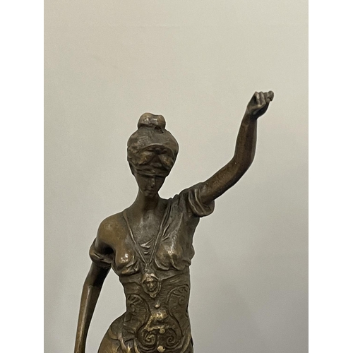 17 - A BRONZE FIGURE BLIND JUSTICE ON A MARBLE BASE SIGNED MATER