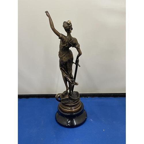 17 - A BRONZE FIGURE BLIND JUSTICE ON A MARBLE BASE SIGNED MATER