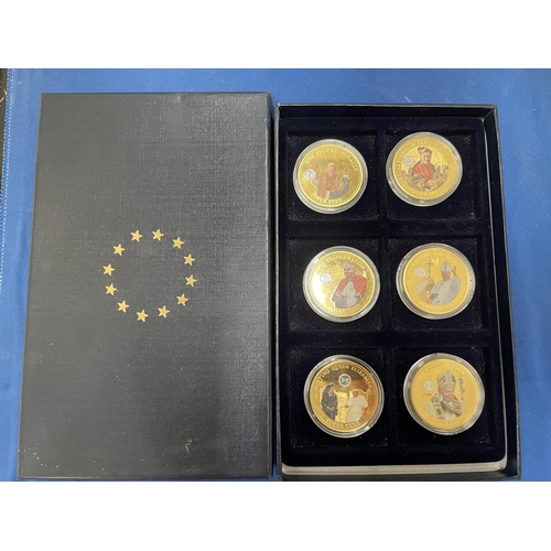 25 - A SET OF SIX LIMITED EDITION GOLD PLATED COINS DEPICTING POPE IN 2014 BY THE EU COMMISSION AND THE D... 