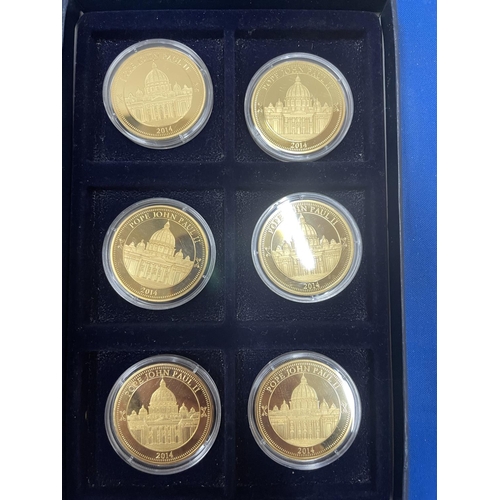 25 - A SET OF SIX LIMITED EDITION GOLD PLATED COINS DEPICTING POPE IN 2014 BY THE EU COMMISSION AND THE D... 