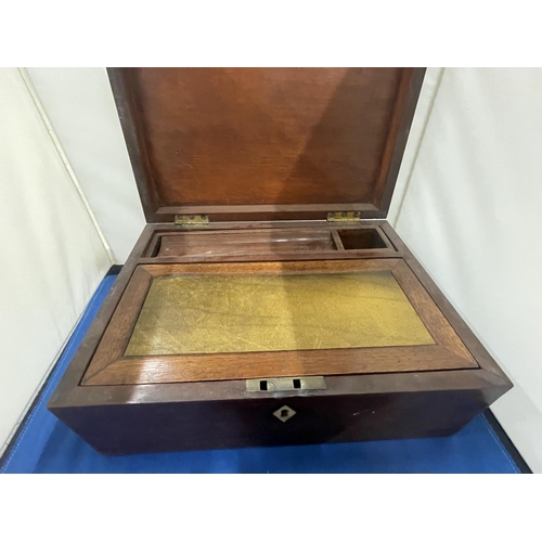 38 - A MAHOGANY WRITING SLOPE AND CARD BOX