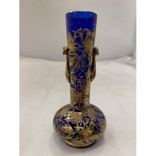 165 - A STOURBRIDGE, BLUE GILT GLASS VASE, HEIGHT 12CM